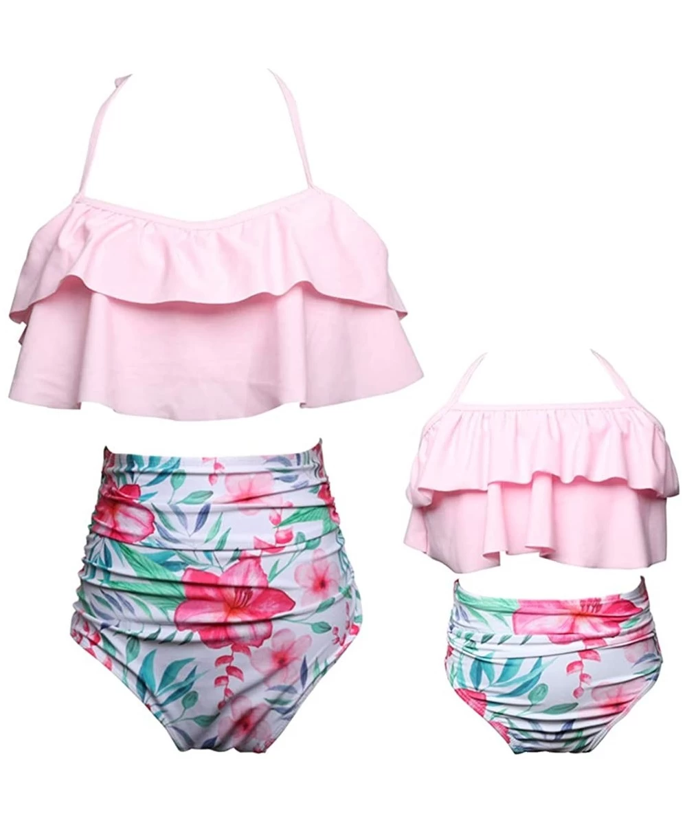 Racing Mother and Daughter Swimwear Family Matching Swimsuit Girls Swimwear Mommy and Me Bathing Suits - Pink+flower - CX18QL...