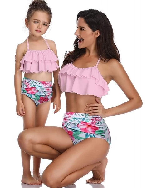 Racing Mother and Daughter Swimwear Family Matching Swimsuit Girls Swimwear Mommy and Me Bathing Suits - Pink+flower - CX18QL...