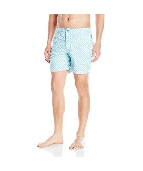 Trunks Men's Fixed Waist Geometric Swim Trunk - Blue - C412NZAF0LC