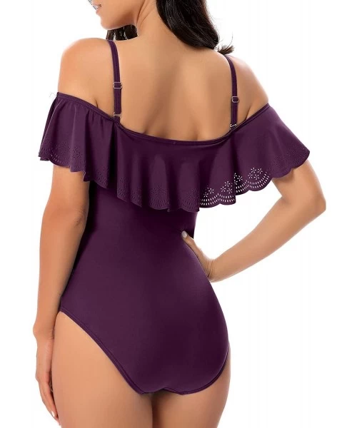 One-Pieces Women One Piece Swimsuit Ruffled Flounce Bathing Suits Off Shoulder Floral Vintage Swimwear Tummy Control Damson P...