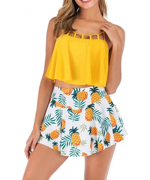 Sets Womens Two Piece Bikini Set with Swim Skirt Bathing Suit Yellow - Pineapple Printed - C818SRMO0DT