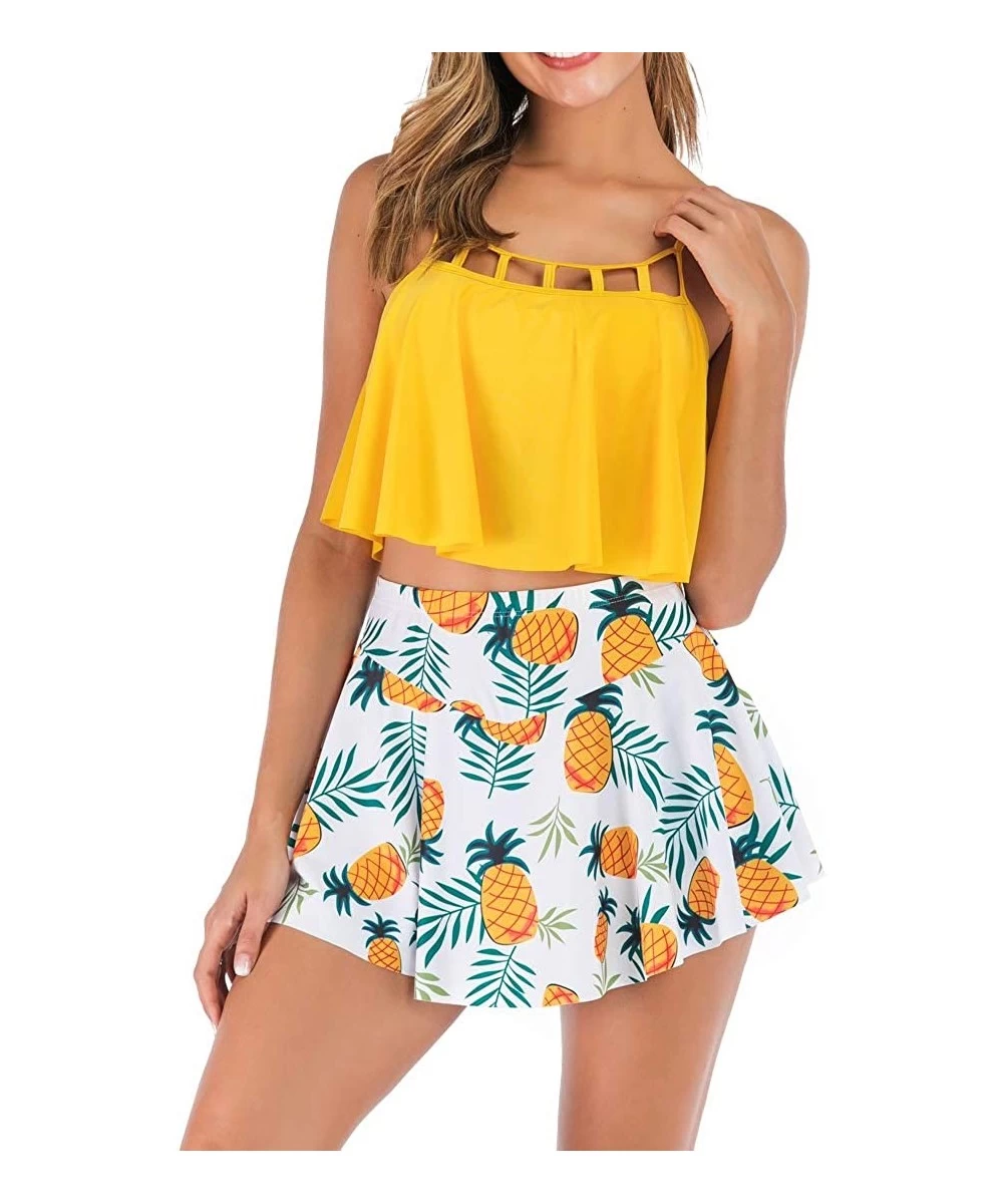 Sets Womens Two Piece Bikini Set with Swim Skirt Bathing Suit Yellow - Pineapple Printed - C818SRMO0DT