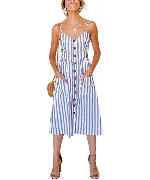 Cover-Ups Women's Casual Summer Floral Bohemian Spaghetti Button Down Dress - Blue Striped 3 - C818UM2AUHN