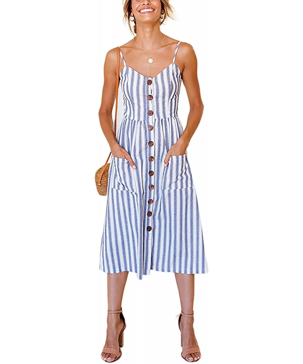 Cover-Ups Women's Casual Summer Floral Bohemian Spaghetti Button Down Dress - Blue Striped 3 - C818UM2AUHN