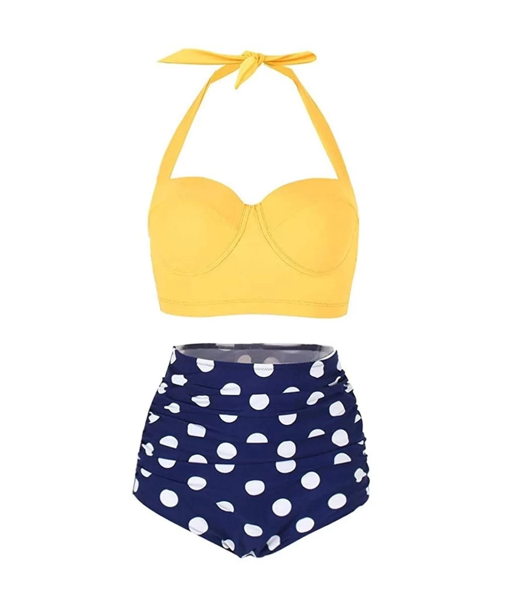 Sets Women's Retro Vintage Underwire High Waisted Push Up Swimsuit Bikini Set - X02 Yellow - CN19537NECY