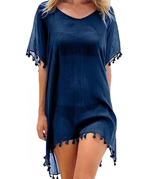 Cover-Ups Women Tassel Chiffon Top Kaftan Swimsuits Mini Beach Dress Cover Ups - Navy Blue - C519087U876