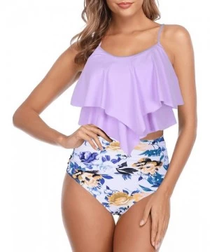 Sets Women's High Waisted Two Piece Swimsuit Flounce Bikini Set Double Ruffle Swimwear - Purple&white Flower - CW19EZ52KD6