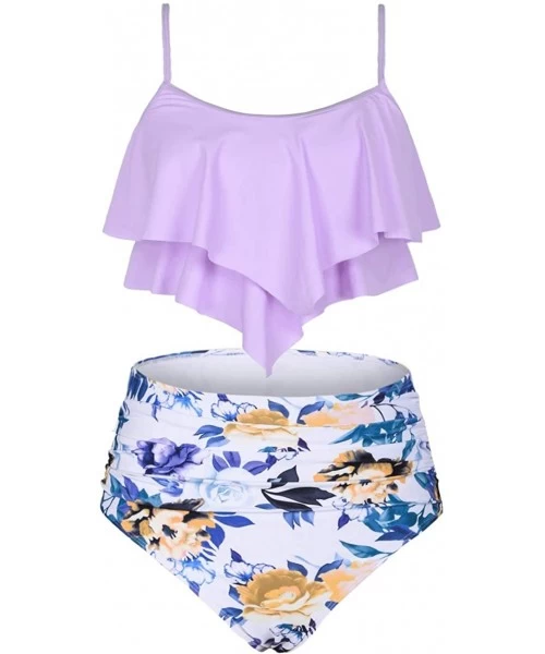 Sets Women's High Waisted Two Piece Swimsuit Flounce Bikini Set Double Ruffle Swimwear - Purple&white Flower - CW19EZ52KD6