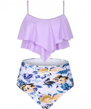 Sets Women's High Waisted Two Piece Swimsuit Flounce Bikini Set Double Ruffle Swimwear - Purple&white Flower - CW19EZ52KD6