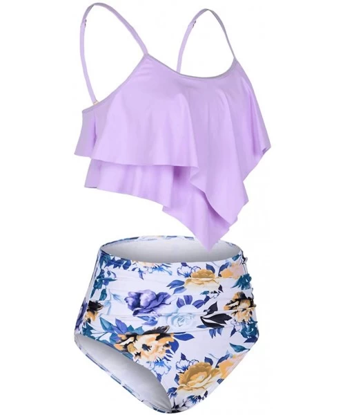 Sets Women's High Waisted Two Piece Swimsuit Flounce Bikini Set Double Ruffle Swimwear - Purple&white Flower - CW19EZ52KD6