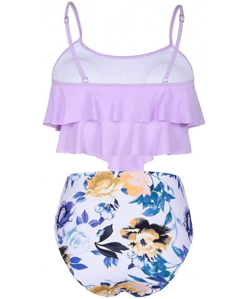 Sets Women's High Waisted Two Piece Swimsuit Flounce Bikini Set Double Ruffle Swimwear - Purple&white Flower - CW19EZ52KD6