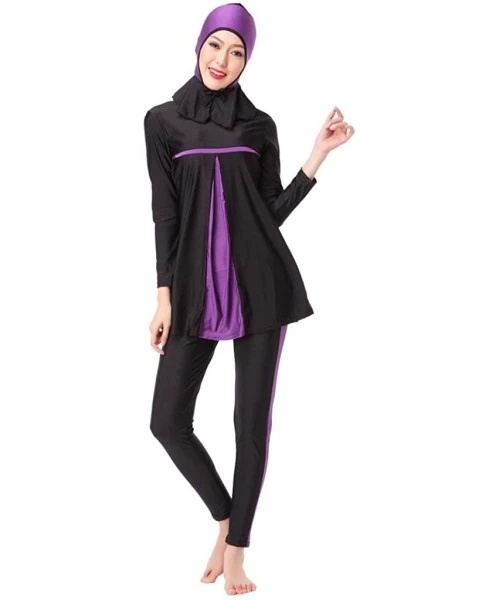 Tankinis Womens Muslim Burkini 3-Pieces Swimsuit Swimwear - Purple - C012MC2UHYT