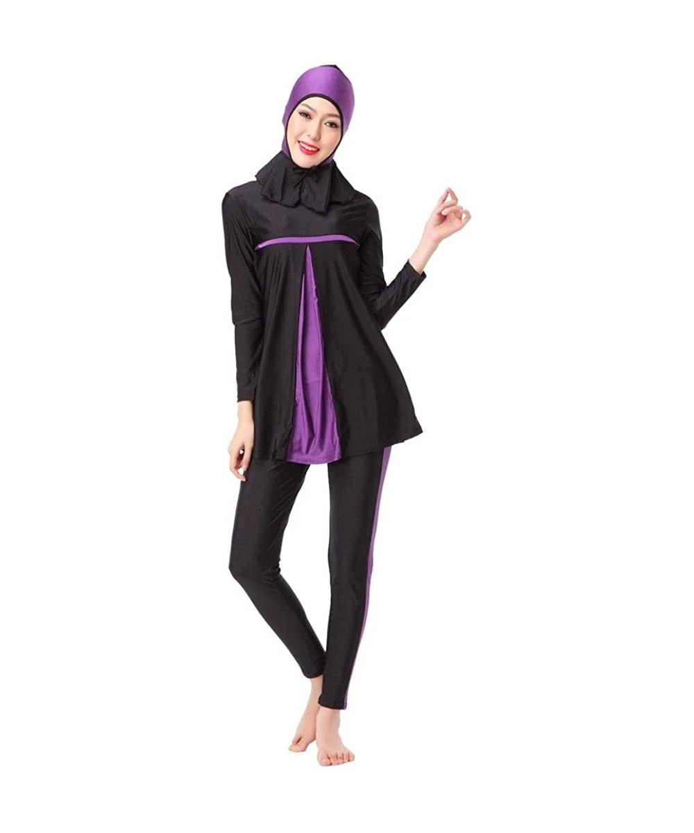 Tankinis Womens Muslim Burkini 3-Pieces Swimsuit Swimwear - Purple - C012MC2UHYT