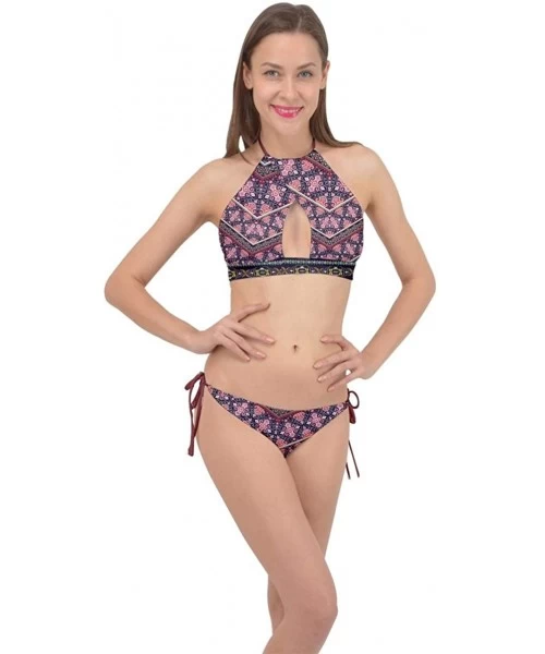 Racing Womens Bathing Suit Vintage Aztec Indigo Floral Cross Front Halter Bikini Set- XS-3XL - Violet - CP18TGMWLM9