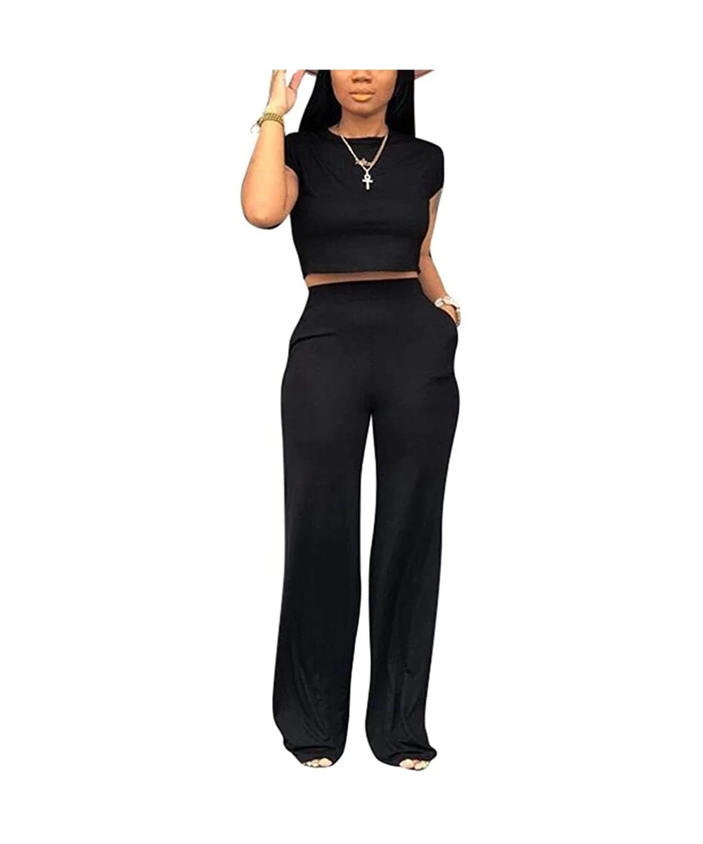 Sets Women's Casual 2 Piece Outfits Jogging Suits Crop Top & Wide Leg Long Pants Tracksuit With Pockets - Z-black - C218WDLYD3Z