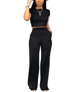 Sets Women's Casual 2 Piece Outfits Jogging Suits Crop Top & Wide Leg Long Pants Tracksuit With Pockets - Z-black - C218WDLYD3Z