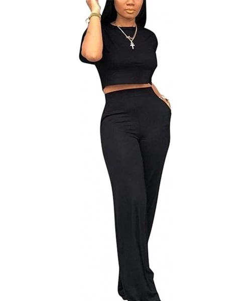 Sets Women's Casual 2 Piece Outfits Jogging Suits Crop Top & Wide Leg Long Pants Tracksuit With Pockets - Z-black - C218WDLYD3Z