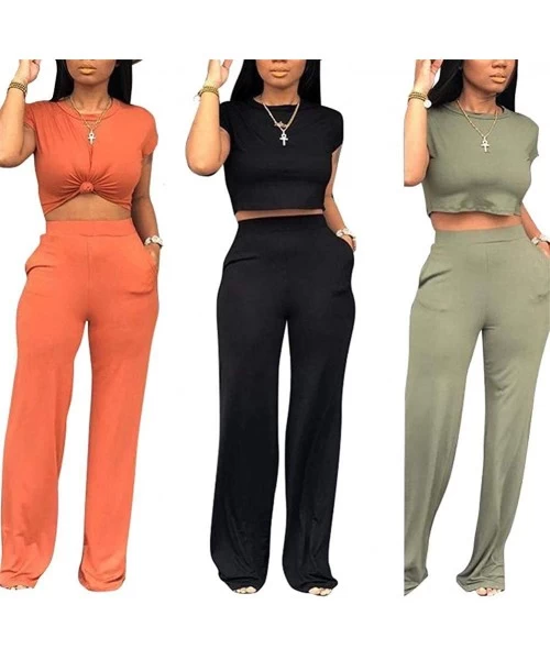 Sets Women's Casual 2 Piece Outfits Jogging Suits Crop Top & Wide Leg Long Pants Tracksuit With Pockets - Z-black - C218WDLYD3Z