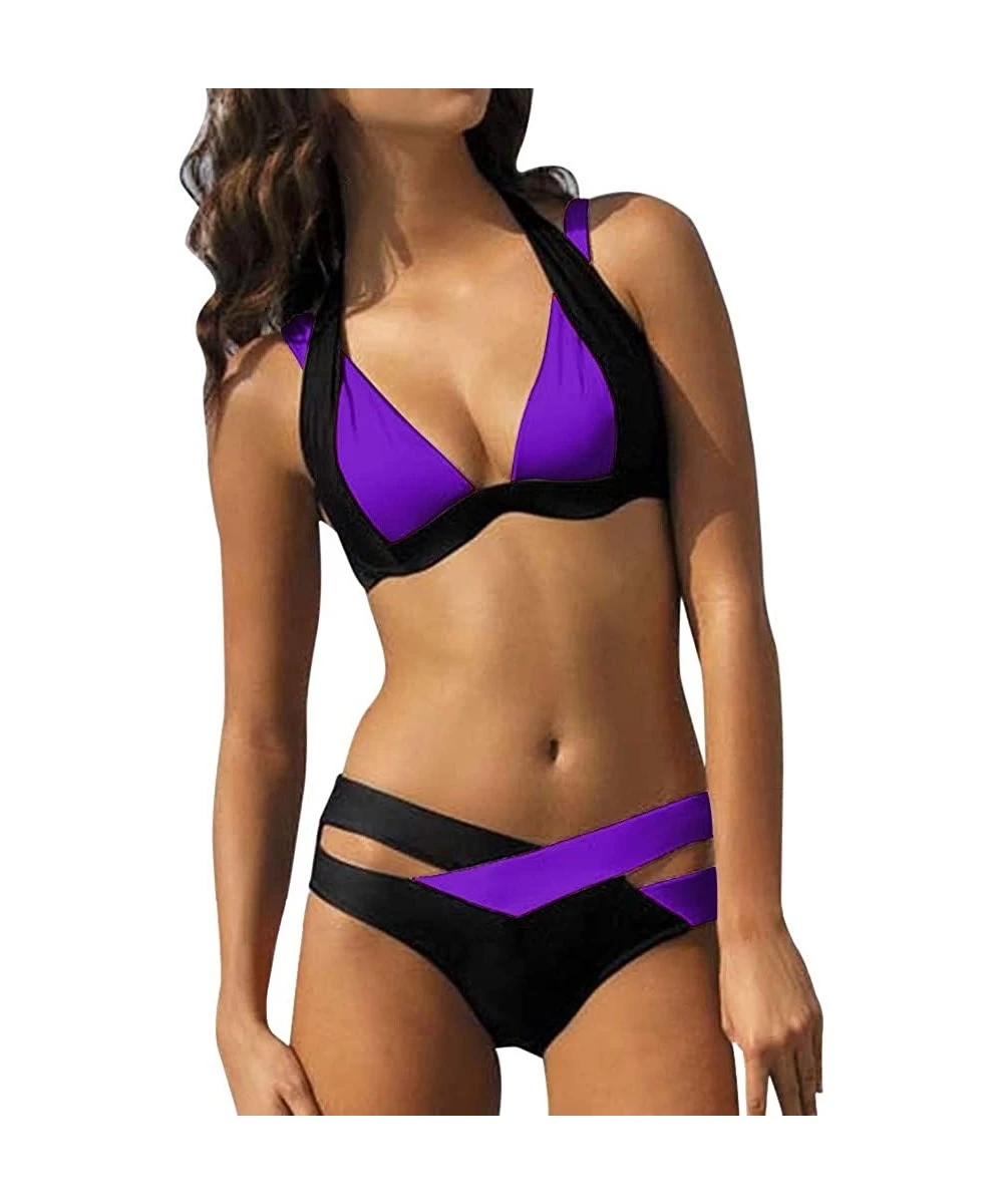 Sets Women's Two Pieces Swimsuit Crochet Lace High Waist V Neck Bikini Set Swimsuit - Purple - CR193X9YK9Z