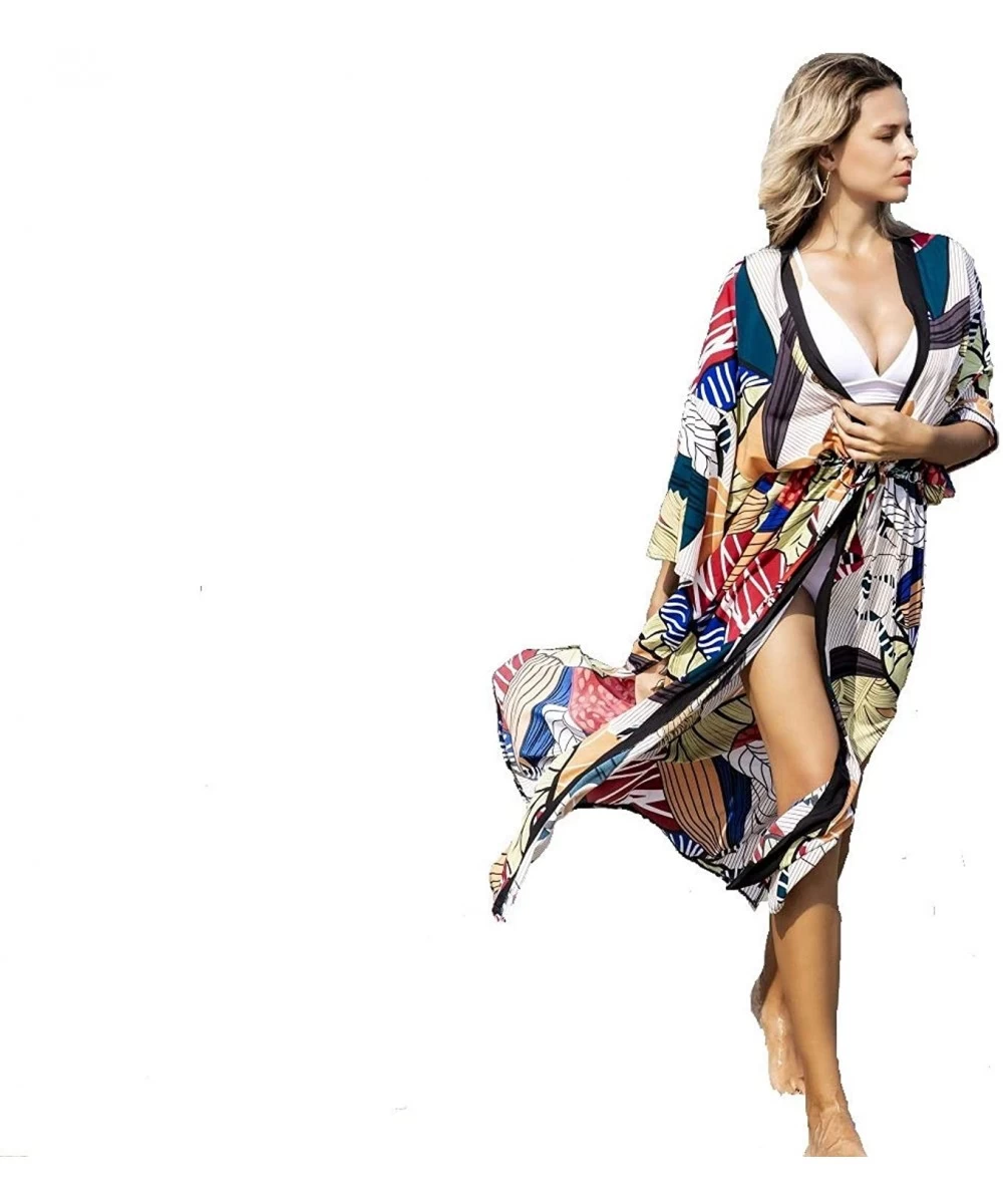 Cover-Ups Women's Sheer Chiffon Bikini Swimwear Printed Bathing Suit Kimono Cover Up - Leaf - CW127QKX78F