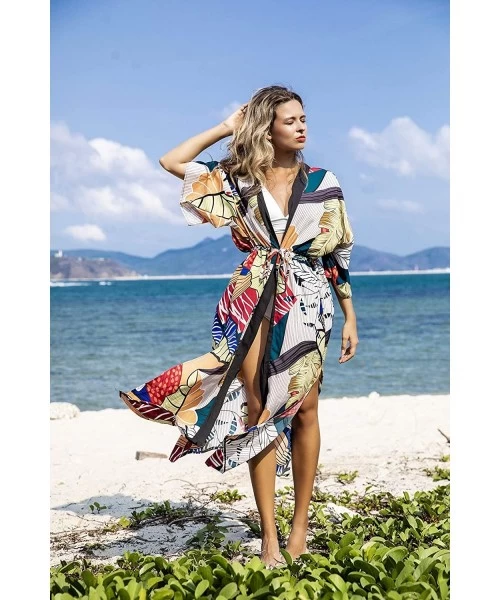 Cover-Ups Women's Sheer Chiffon Bikini Swimwear Printed Bathing Suit Kimono Cover Up - Leaf - CW127QKX78F