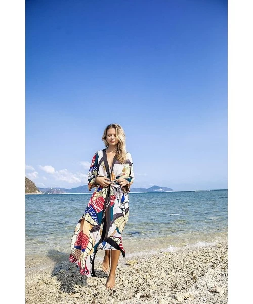 Cover-Ups Women's Sheer Chiffon Bikini Swimwear Printed Bathing Suit Kimono Cover Up - Leaf - CW127QKX78F