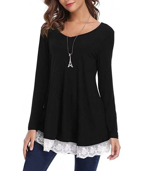 Cover-Ups Blouses for Womens- Women Casual Long Sleeve Loose Lace Hem Tops Tunic Blouses - Black - CC18NOIA46N