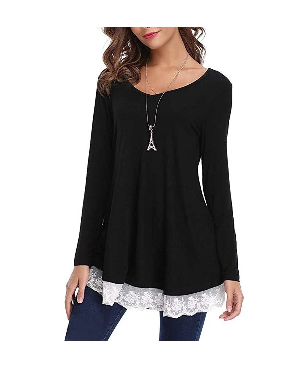 Cover-Ups Blouses for Womens- Women Casual Long Sleeve Loose Lace Hem Tops Tunic Blouses - Black - CC18NOIA46N