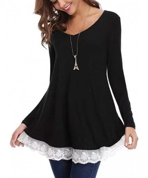 Cover-Ups Blouses for Womens- Women Casual Long Sleeve Loose Lace Hem Tops Tunic Blouses - Black - CC18NOIA46N