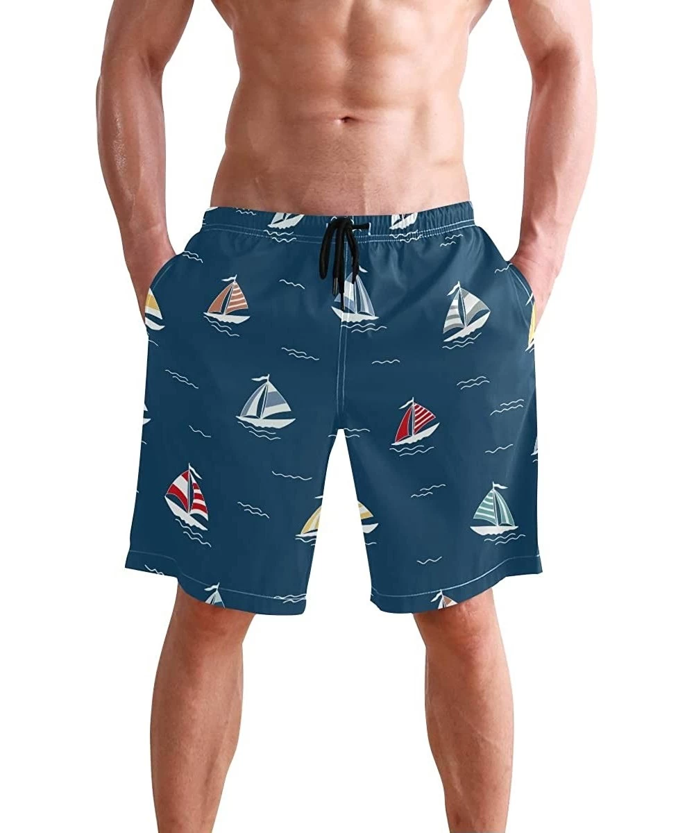 Board Shorts Mens Swim Trunks Red Yellow Blue Sailboat Pattern Navy Beach Board Shorts - CK18MHO509Q