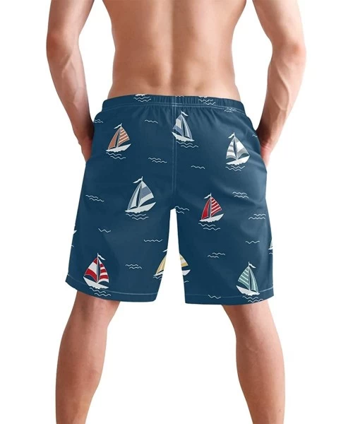 Board Shorts Mens Swim Trunks Red Yellow Blue Sailboat Pattern Navy Beach Board Shorts - CK18MHO509Q