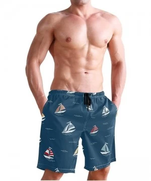 Board Shorts Mens Swim Trunks Red Yellow Blue Sailboat Pattern Navy Beach Board Shorts - CK18MHO509Q