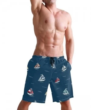 Board Shorts Mens Swim Trunks Red Yellow Blue Sailboat Pattern Navy Beach Board Shorts - CK18MHO509Q