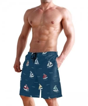 Board Shorts Mens Swim Trunks Red Yellow Blue Sailboat Pattern Navy Beach Board Shorts - CK18MHO509Q