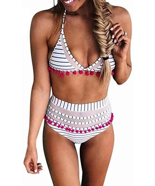 Sets Women Stripe deep v Neck Two Piece Bikini Sexy High Waist Tankini Swimsuit - A-white Stripe - CX18T2EMQ9X