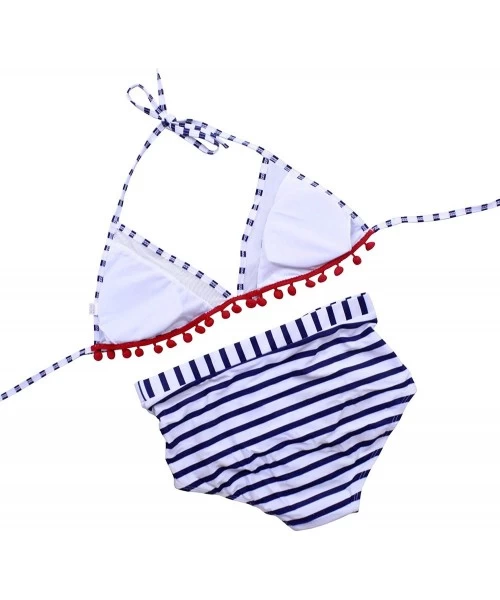 Sets Women Stripe deep v Neck Two Piece Bikini Sexy High Waist Tankini Swimsuit - A-white Stripe - CX18T2EMQ9X