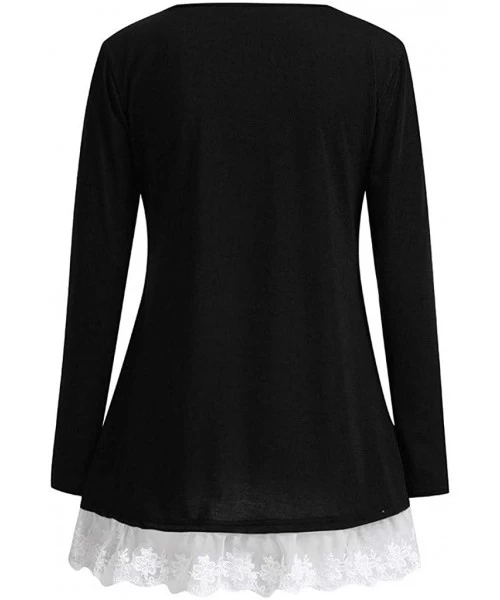 Cover-Ups Blouses for Womens- Women Casual Long Sleeve Loose Lace Hem Tops Tunic Blouses - Black - CC18NOIA46N