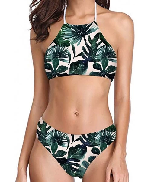 Sets Womens Forest Palm Leaves Sunflower Printing High Neck Halter Bikini Set Swimsuit XS-2XL - Pattern-44 - CZ194RZMOMH