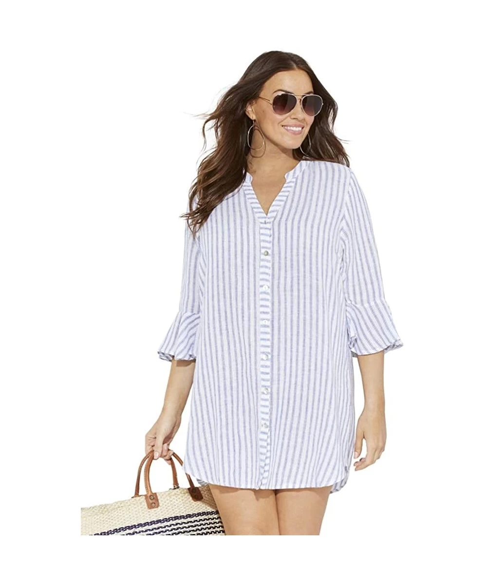 Cover-Ups Women's Plus Size Sandra Button Up Cover Up Shirt - Stripe - CI18YWSXU2N