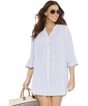 Cover-Ups Women's Plus Size Sandra Button Up Cover Up Shirt - Stripe - CI18YWSXU2N