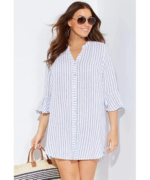 Cover-Ups Women's Plus Size Sandra Button Up Cover Up Shirt - Stripe - CI18YWSXU2N