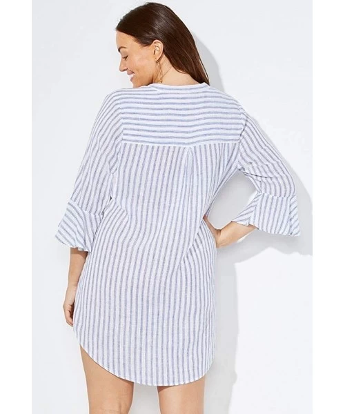 Cover-Ups Women's Plus Size Sandra Button Up Cover Up Shirt - Stripe - CI18YWSXU2N