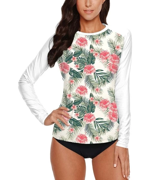 Rash Guards Women's Long Sleeve Rash Guard Sun Protection UPF 50+ Print Swim Shirt - Tropical White - CC194TEST7C