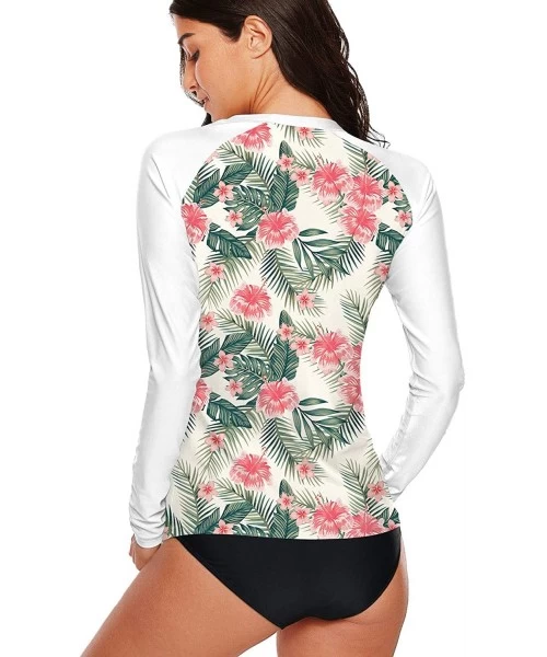 Rash Guards Women's Long Sleeve Rash Guard Sun Protection UPF 50+ Print Swim Shirt - Tropical White - CC194TEST7C