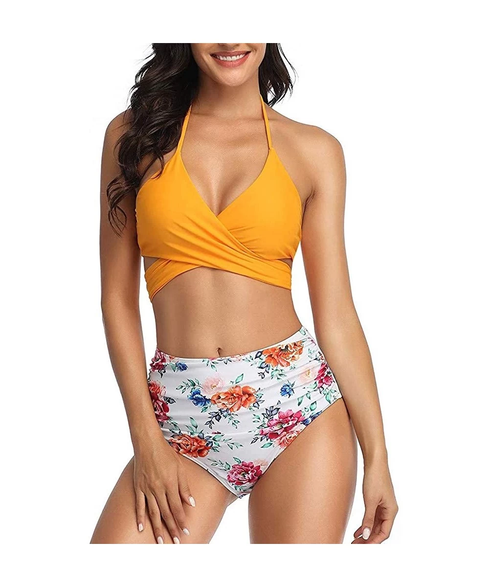 Tops Womens Bathing Suits Floral Printing Swim Bottoms Padded Halter Bandage Bikini Two Piece Swimsuits - C-yellow - CV194TCW0AO