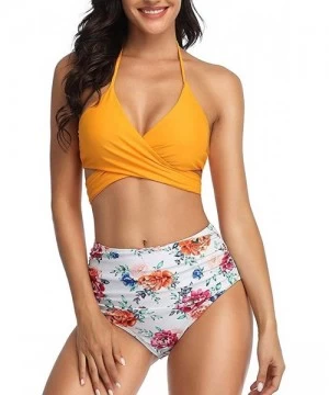 Tops Womens Bathing Suits Floral Printing Swim Bottoms Padded Halter Bandage Bikini Two Piece Swimsuits - C-yellow - CV194TCW0AO