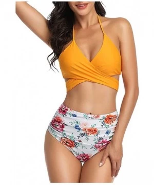 Tops Womens Bathing Suits Floral Printing Swim Bottoms Padded Halter Bandage Bikini Two Piece Swimsuits - C-yellow - CV194TCW0AO