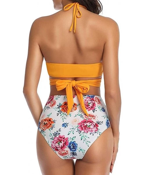 Tops Womens Bathing Suits Floral Printing Swim Bottoms Padded Halter Bandage Bikini Two Piece Swimsuits - C-yellow - CV194TCW0AO