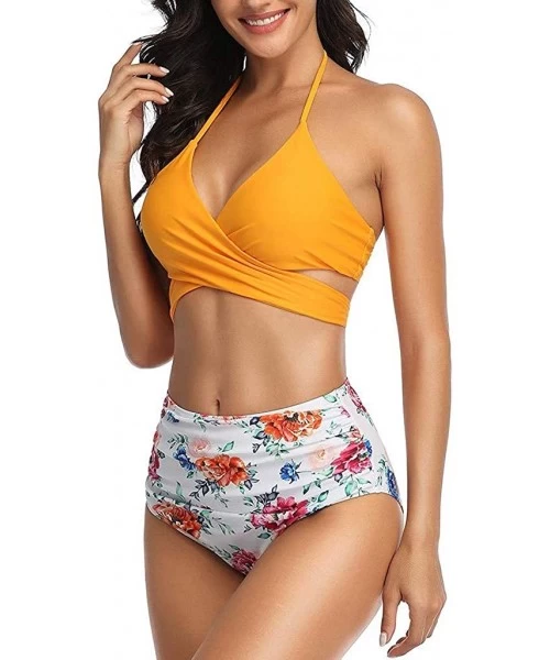 Tops Womens Bathing Suits Floral Printing Swim Bottoms Padded Halter Bandage Bikini Two Piece Swimsuits - C-yellow - CV194TCW0AO