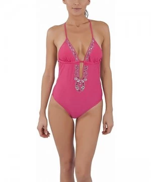 One-Pieces Women's Triangle Monokini Tie Side Bottom - Fashion Gems - Fuchsia - C912G7ERSGN